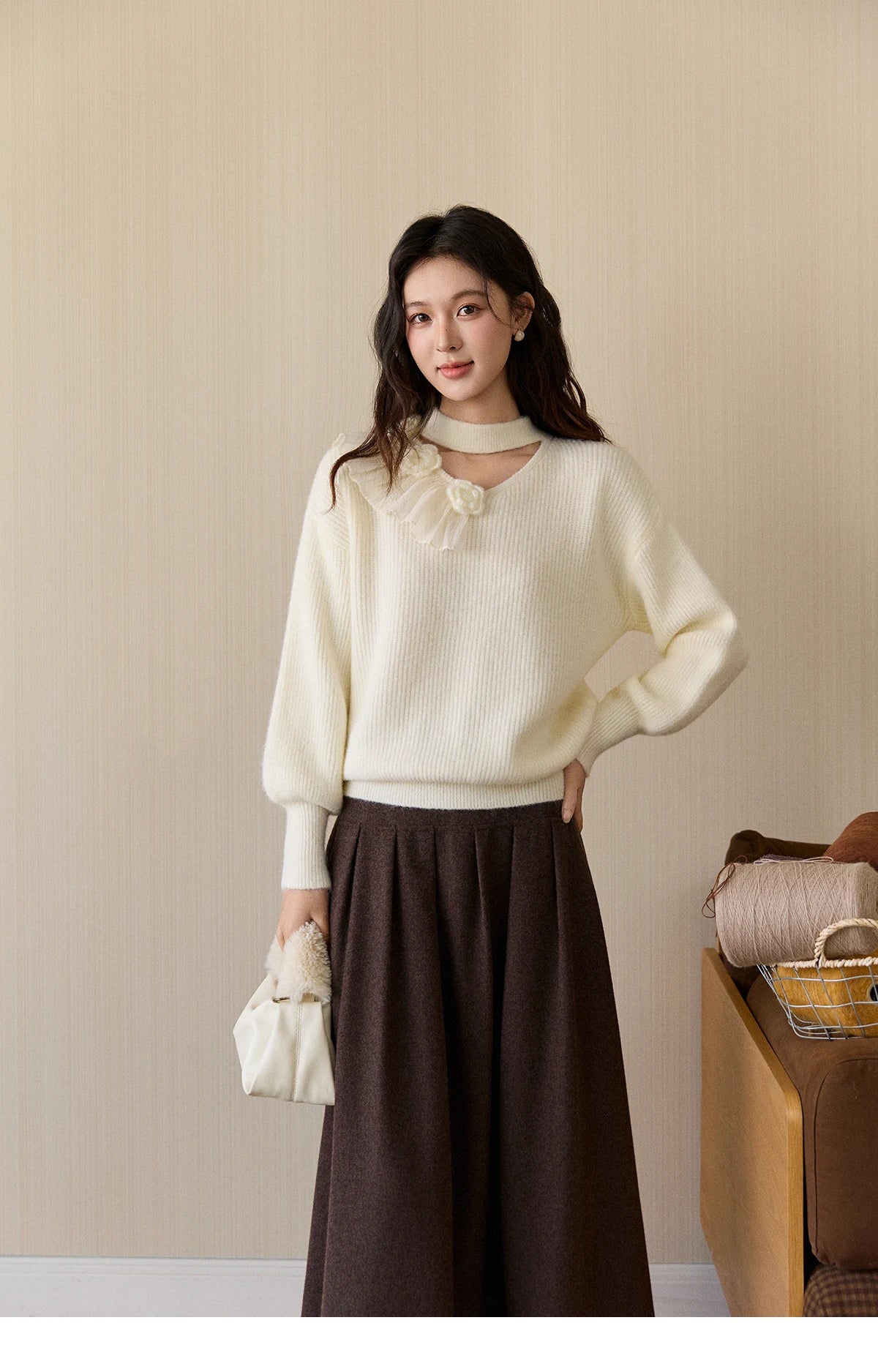 Mishow Cutout Neck Ruffle Flower Lantern Sleeve Pullover MXE94Z2982
