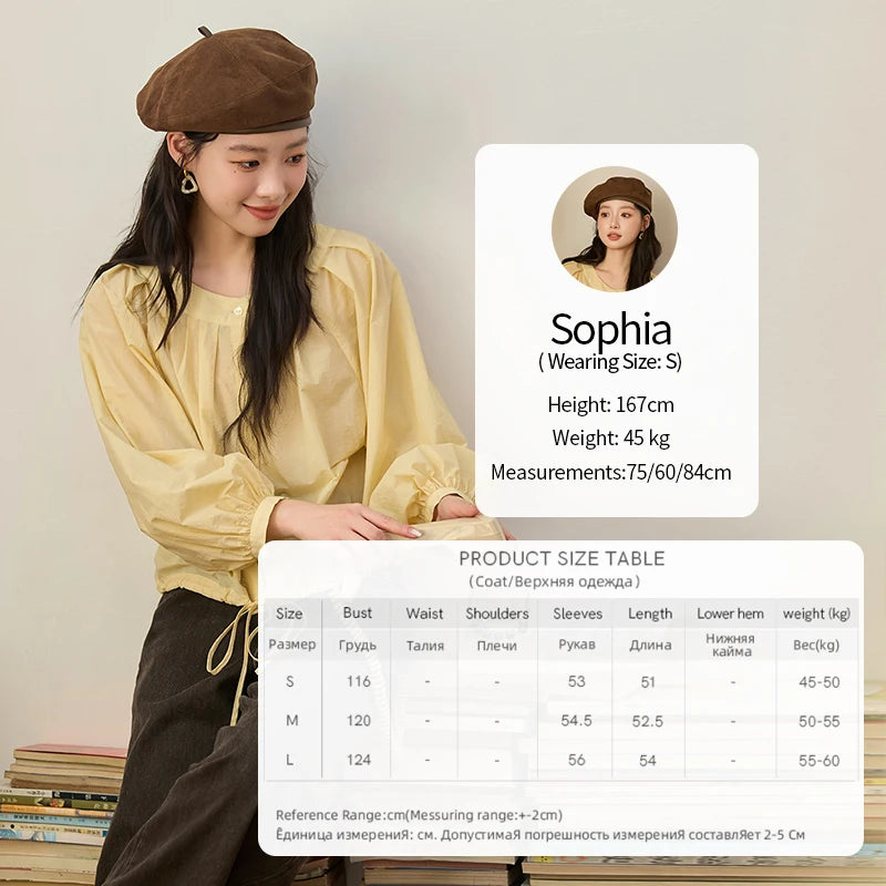 MISHOW Light Yellow Pleated Shirt Drawstring Hem Lantern Sleeve MXE45X2490