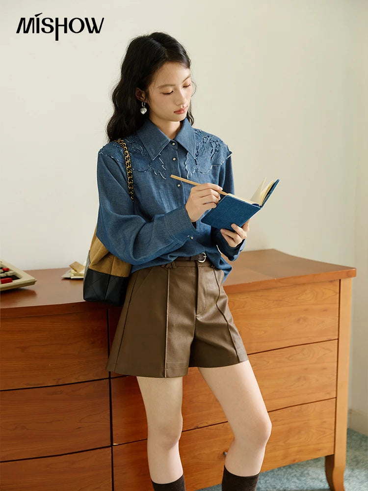 MISHOW Blue Shirt Hollowed Out Patchwork Embroidery Imitation Denim MXE46C2410