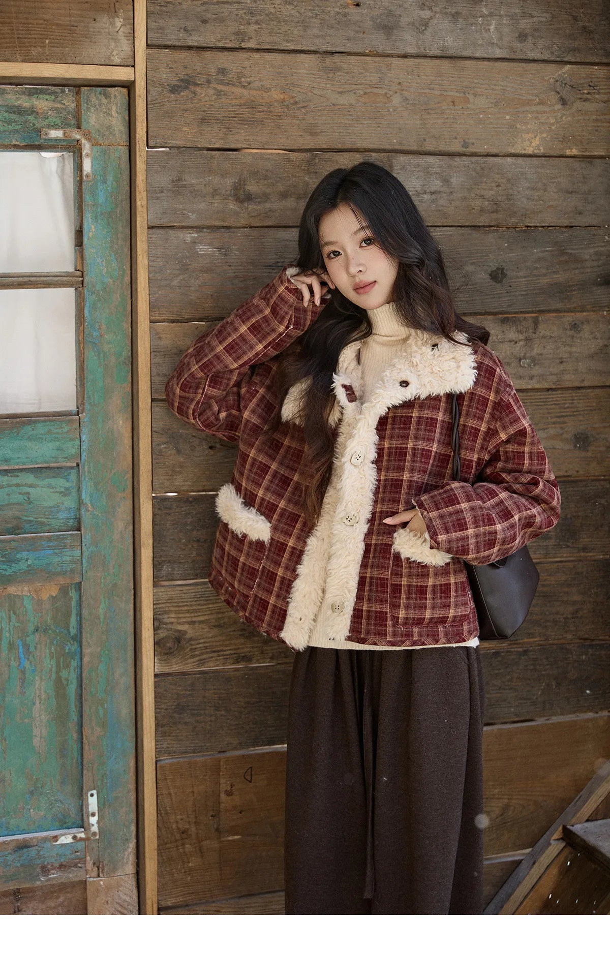 Mishow Reversible Red Plaid Lamb Wool Coat MXE93W1009
