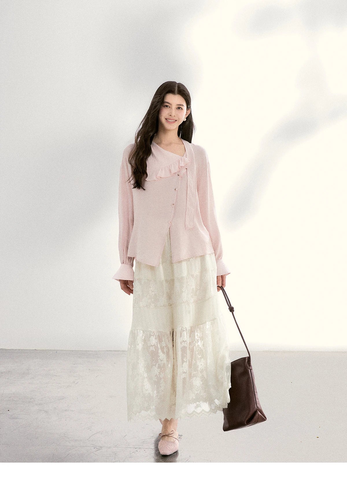 MISHOW Pink Asymmetrical Ruffled Collar Blouse Puff Sleeve MXF11X2520