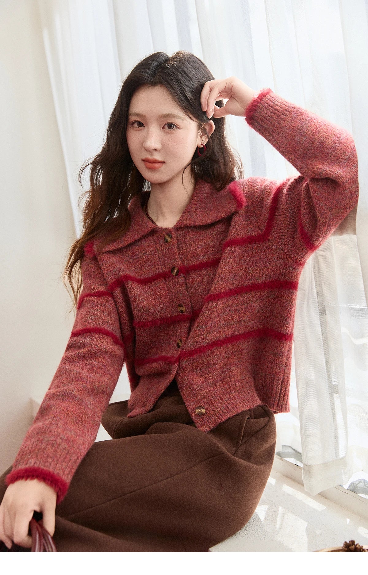 Mishow Red Striped Large Lapel Fleece Cardigan MXE94Z2888