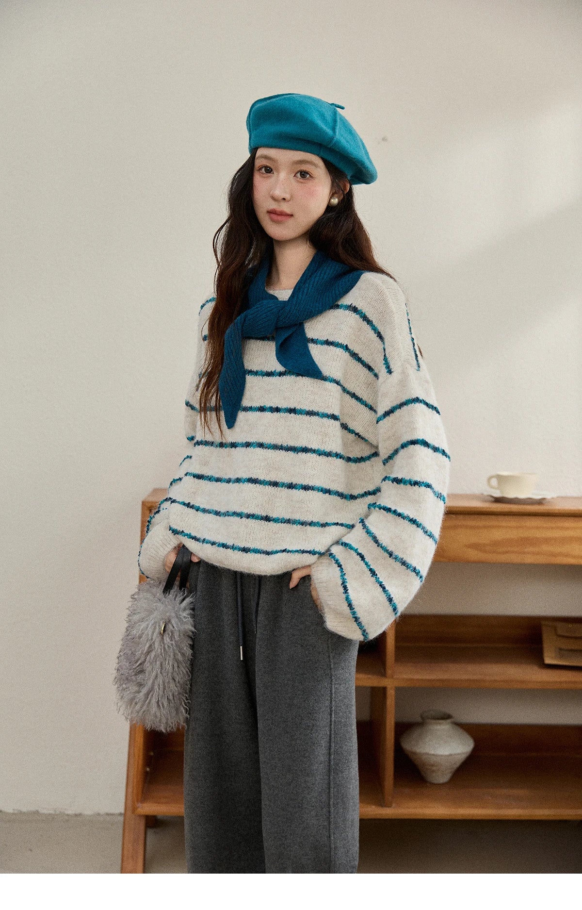 Mishow Blue Striped Alpaca Wool Sweater with Scarf Set MXE90Z2821