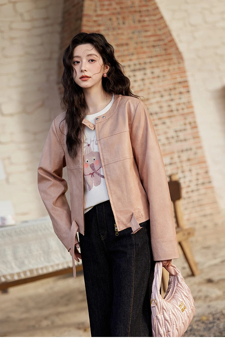 MISHOW Pink Leather Jacket Slim Fit Long Sleeve MXE11W0714