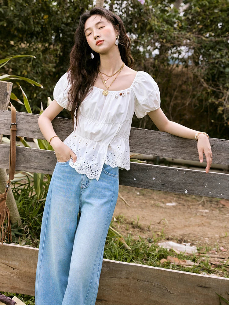 MISHOW Solid Short Puff Sleeve Blouse Hem Hollow Beading MXE33X1776