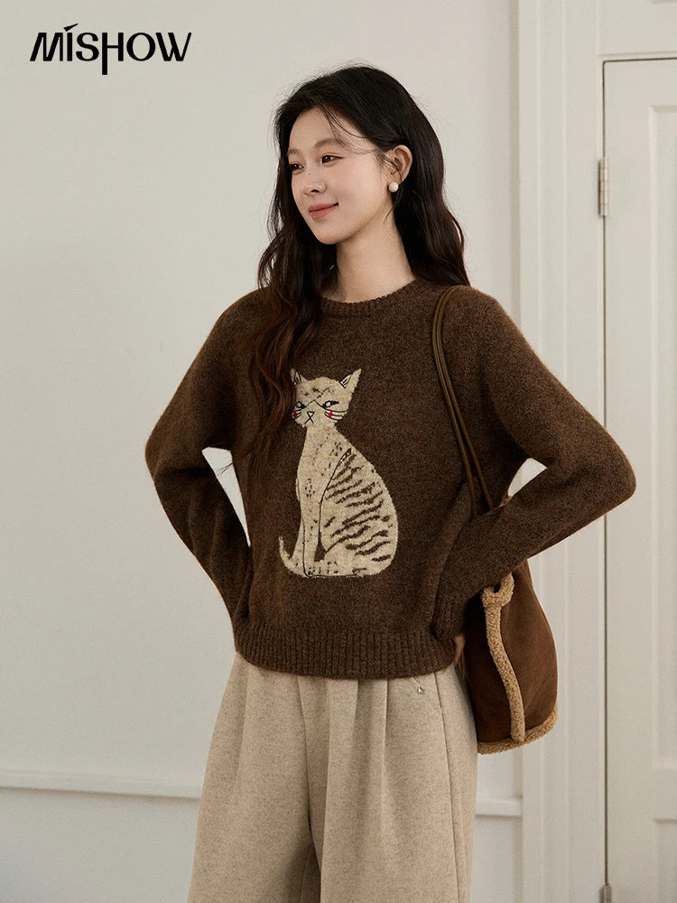 Mishow Brown Cat Pattern Jacquard Pullover MXE94Z2991