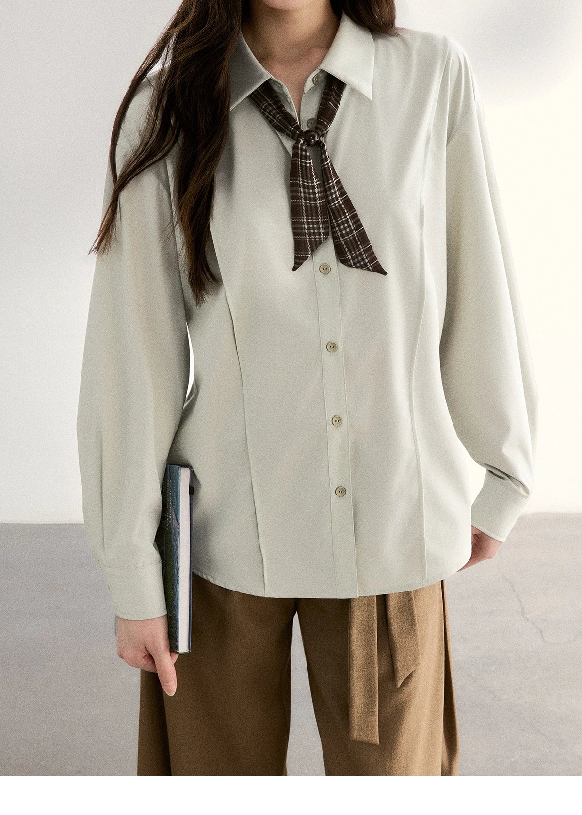 MISHOW Casual Loose Shirt with Plaid Scarf Lapel Top MXF108C0815