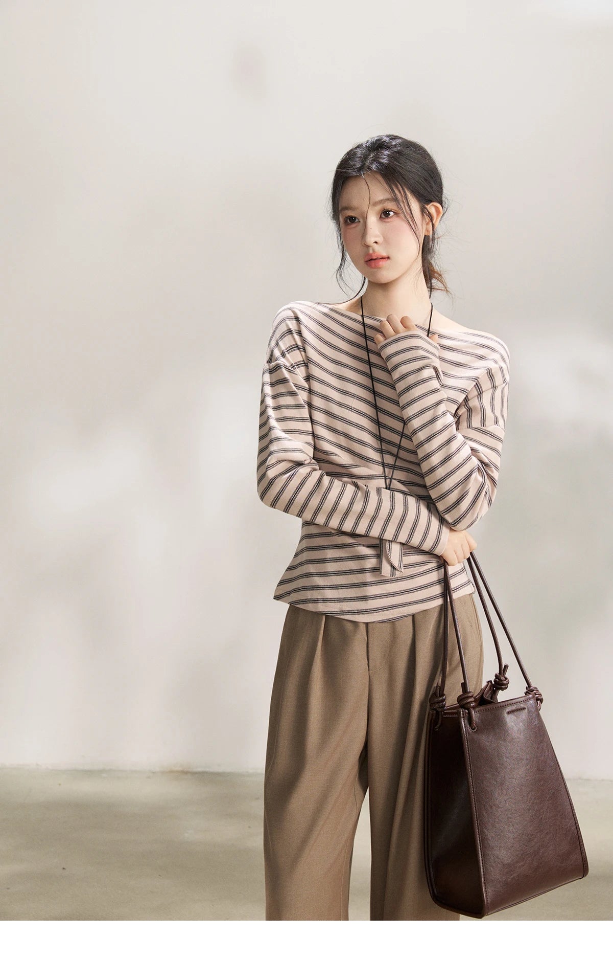 Mishow Striped Boat Neck T-Shirt with Necklace MXF13T1514