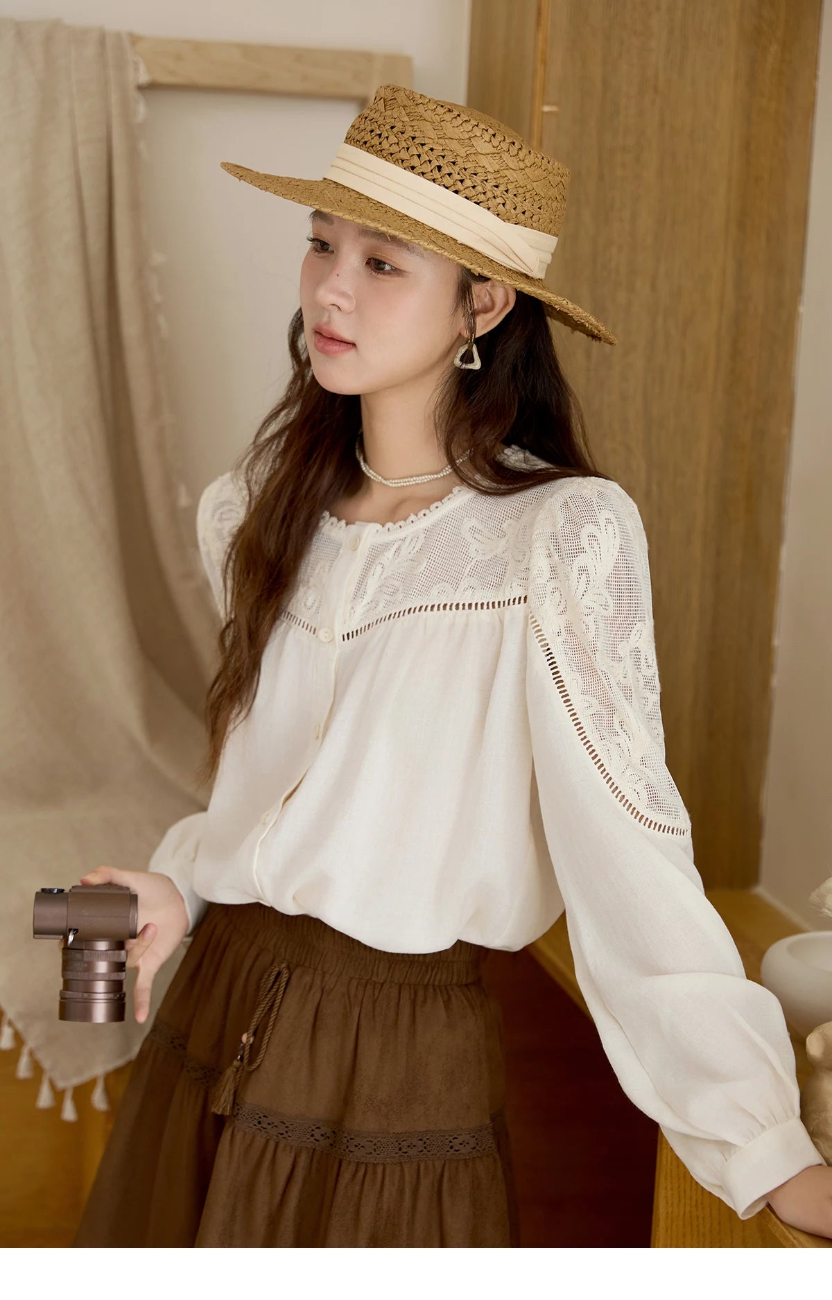 MISHOW Beige Hollow Out Embroidery Shirt O-Neck MXE44X2498