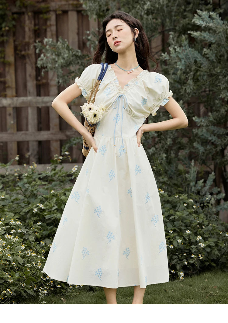 Mishow French Print Puff Sleeve Cotton Dress MXE32L2210