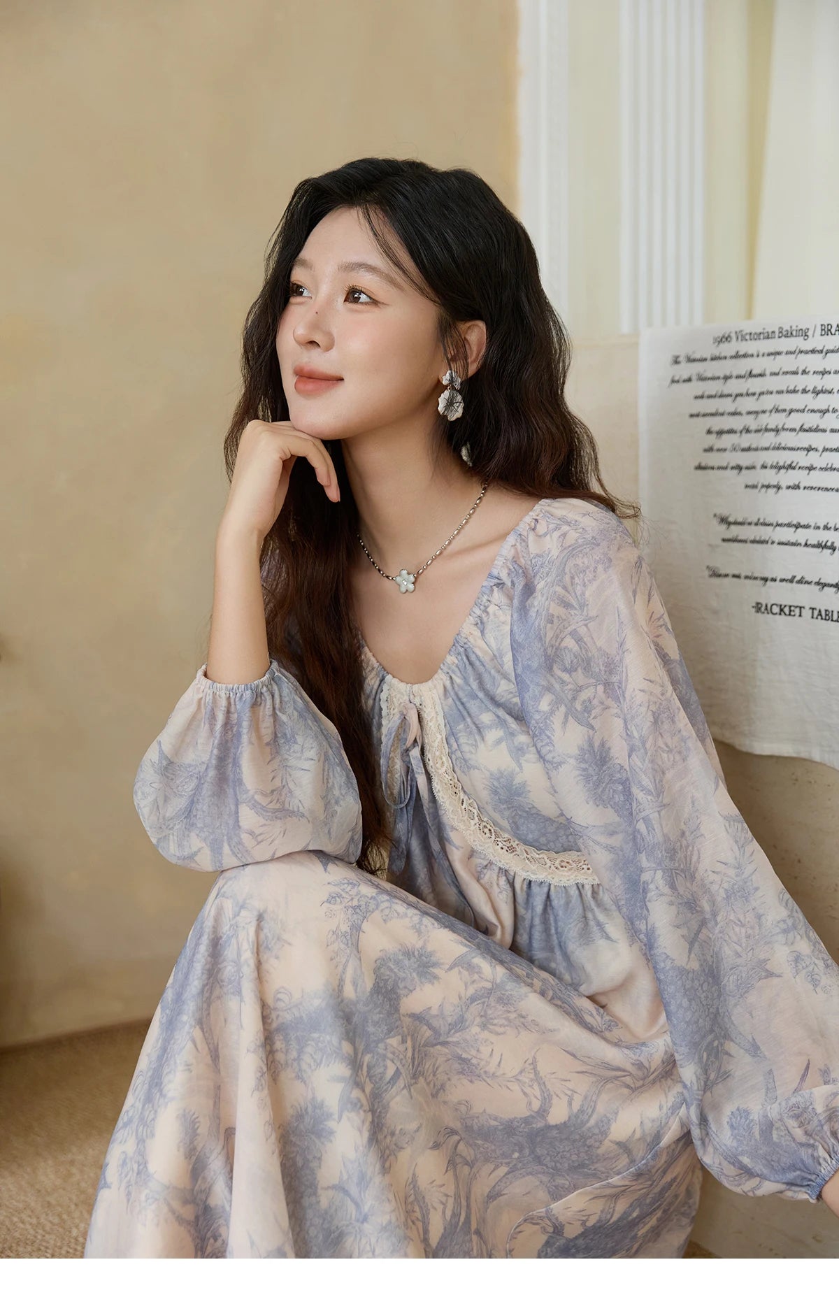 Mishow Blue Floral Lace Panel Drawstring Dress MXE45L2507