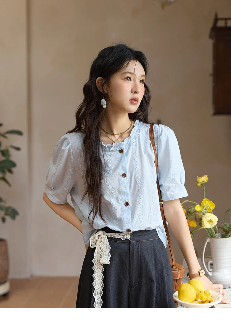 MISHOW 100% Cotton Puff Sleeve Shirt Round Neck Button MXE36X1873