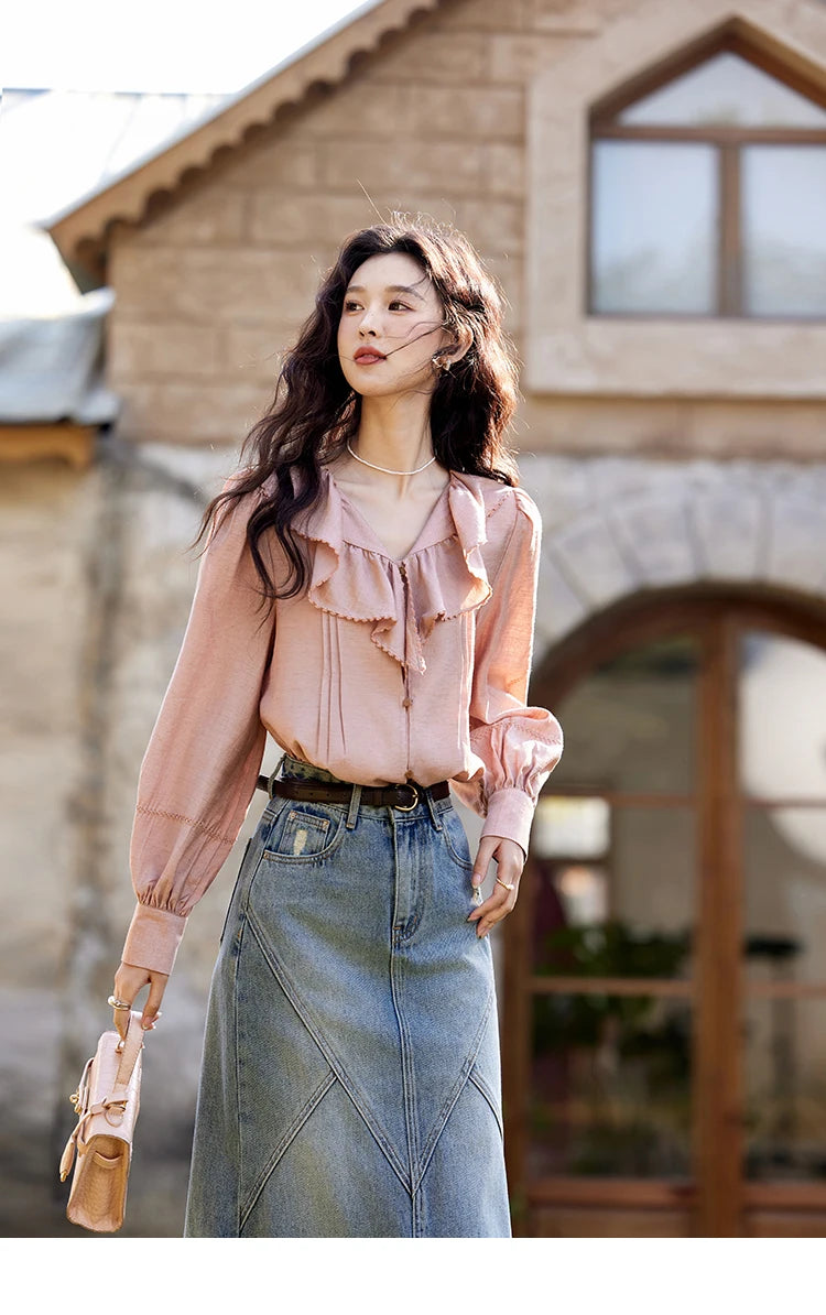 MISHOW Lotus Leaf Collar Shirt Bubble Sleeves Pink Chiffon MXE12X1702