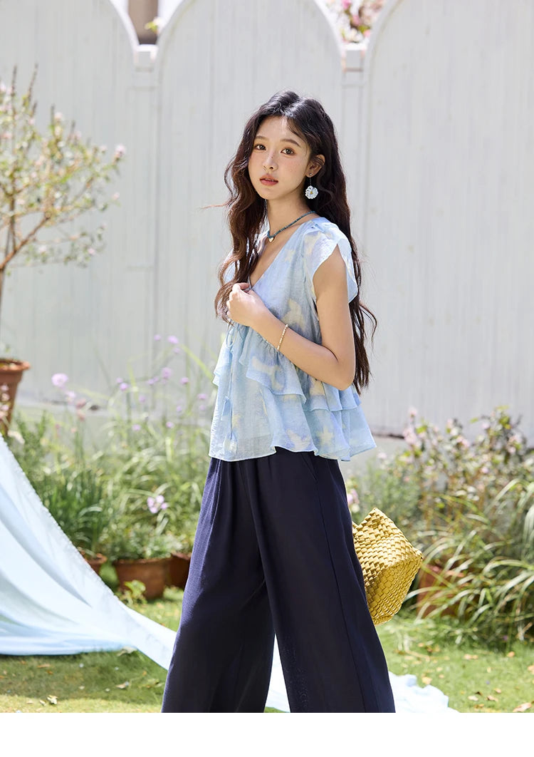MISHOW Women's Blue Double-Layer Ruffled Linen V-Neck Blouse MXE33X1819