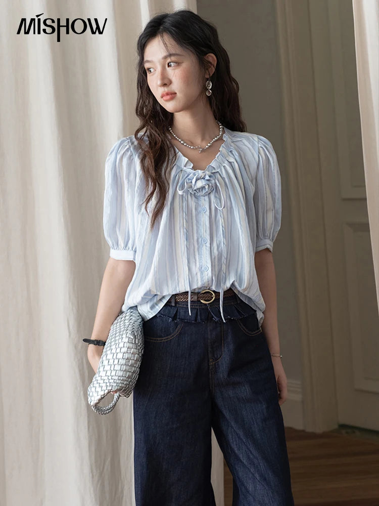 MISHOW Striped Puff Sleeve V-Neck Button Shirt MXE36X1870