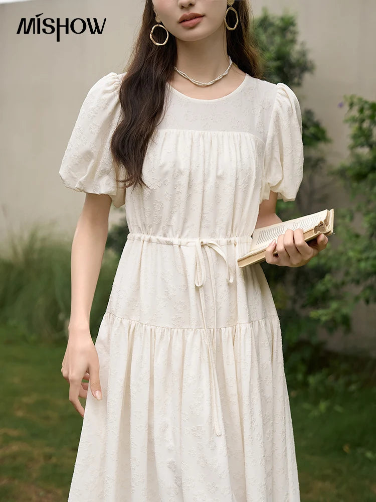 Mishow French Drawstring Waist Puff Sleeve Dress MXC38L1415