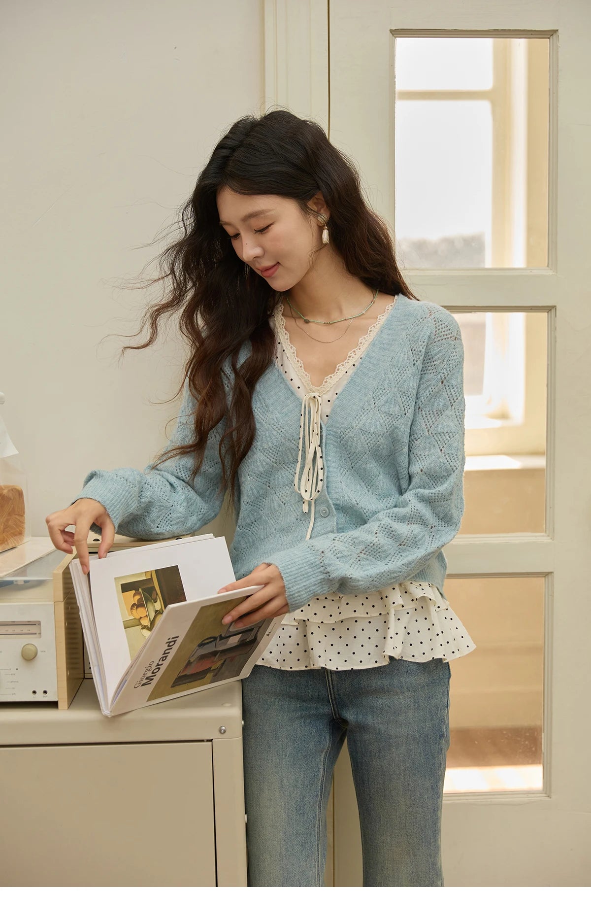 Mishow Blue Argyle Dropped Sleeve Wool Cardigan MXE41Z1313