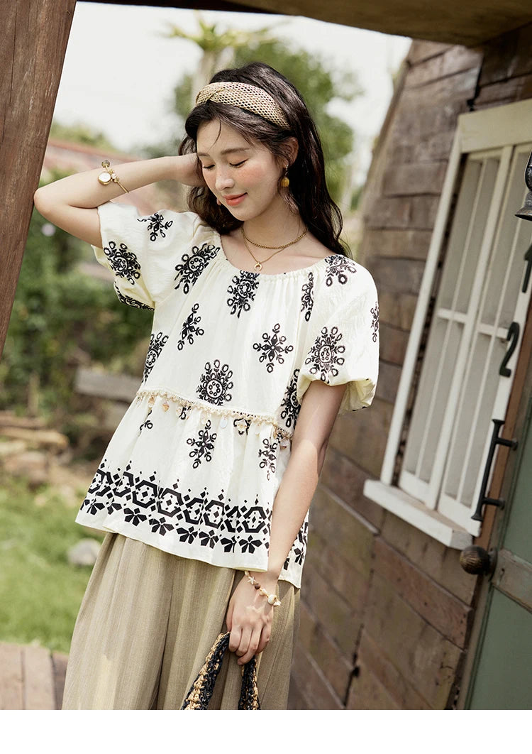 MISHOW Bohemian Print Blouse Short Puff Sleeve Square Collar Shell Ribbon MXE35X1817