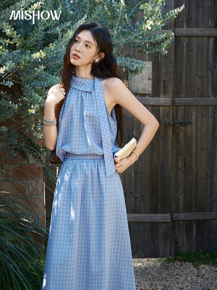 Mishow Plaid Hanging Neck Button Top & A-Line Skirt Set MXE39T0711