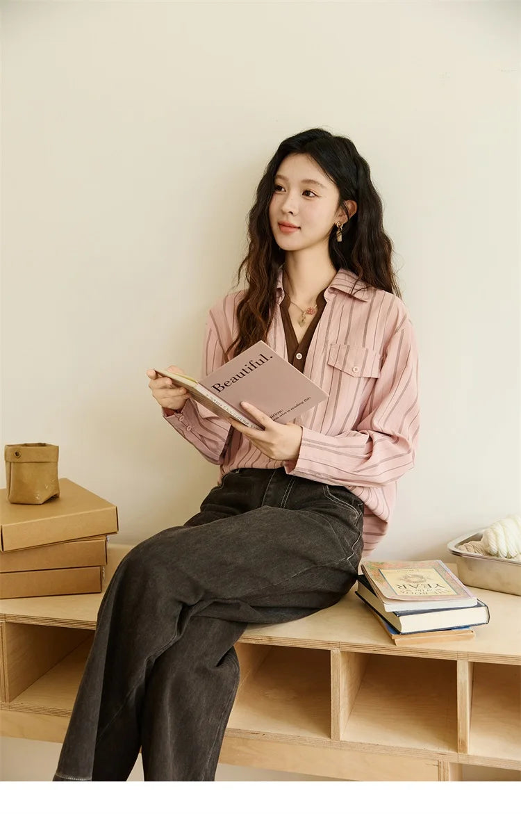 MISHOW Peach Skin Velvet Stripe Shirt Double Layered Collar MXE47C2408