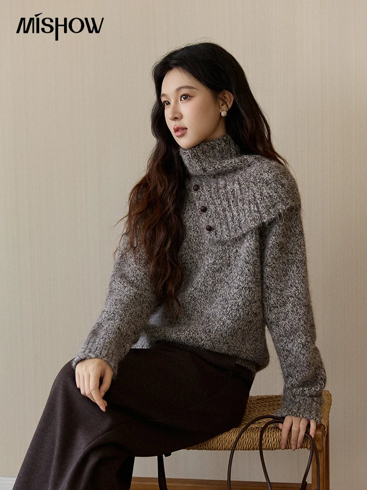 Mishow Gray Textured Button Sweater with Neckwear Scarf MXE94Z2978