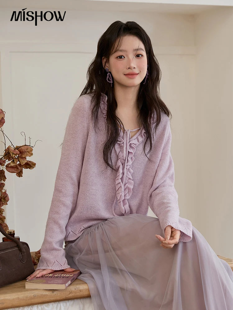 Mishow Beige V-Neck Wood Ear Hollow Sweater MXE51Z2595