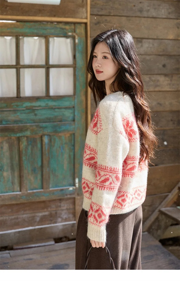 Mishow Christmas Beige White Geometric Jacquard Sweater MXE93Z2938