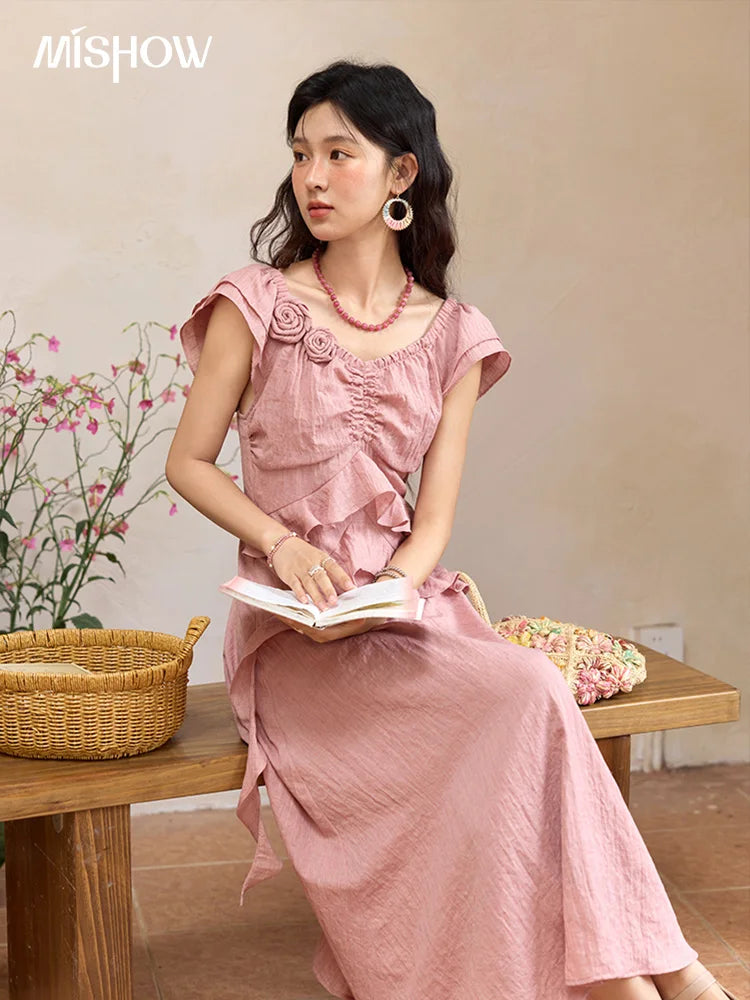 Mishow Flower Flying Sleeve V-Neck Pink Dress MXE34L2243
