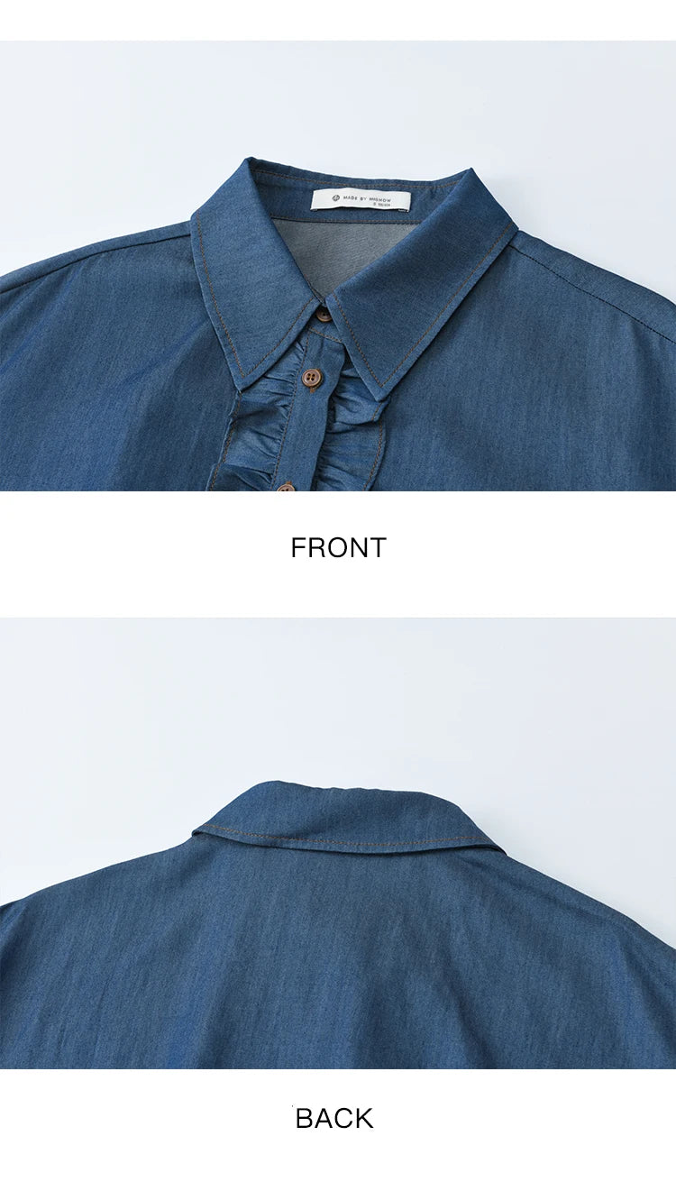 MISHOW Blue Lyocell Denim Shirt Ruffled Placket Waist Cinc MXE43C2386