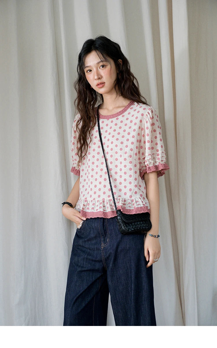 MISHOW Pink Polka Dot Puff Sleeve Blouse MXE37X1900