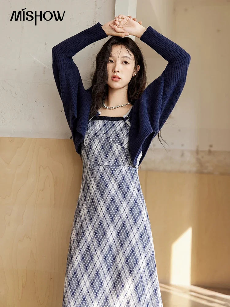 Mishow French Knitted Cardigan & Plaid Camisole Dress Set MXD43L2012