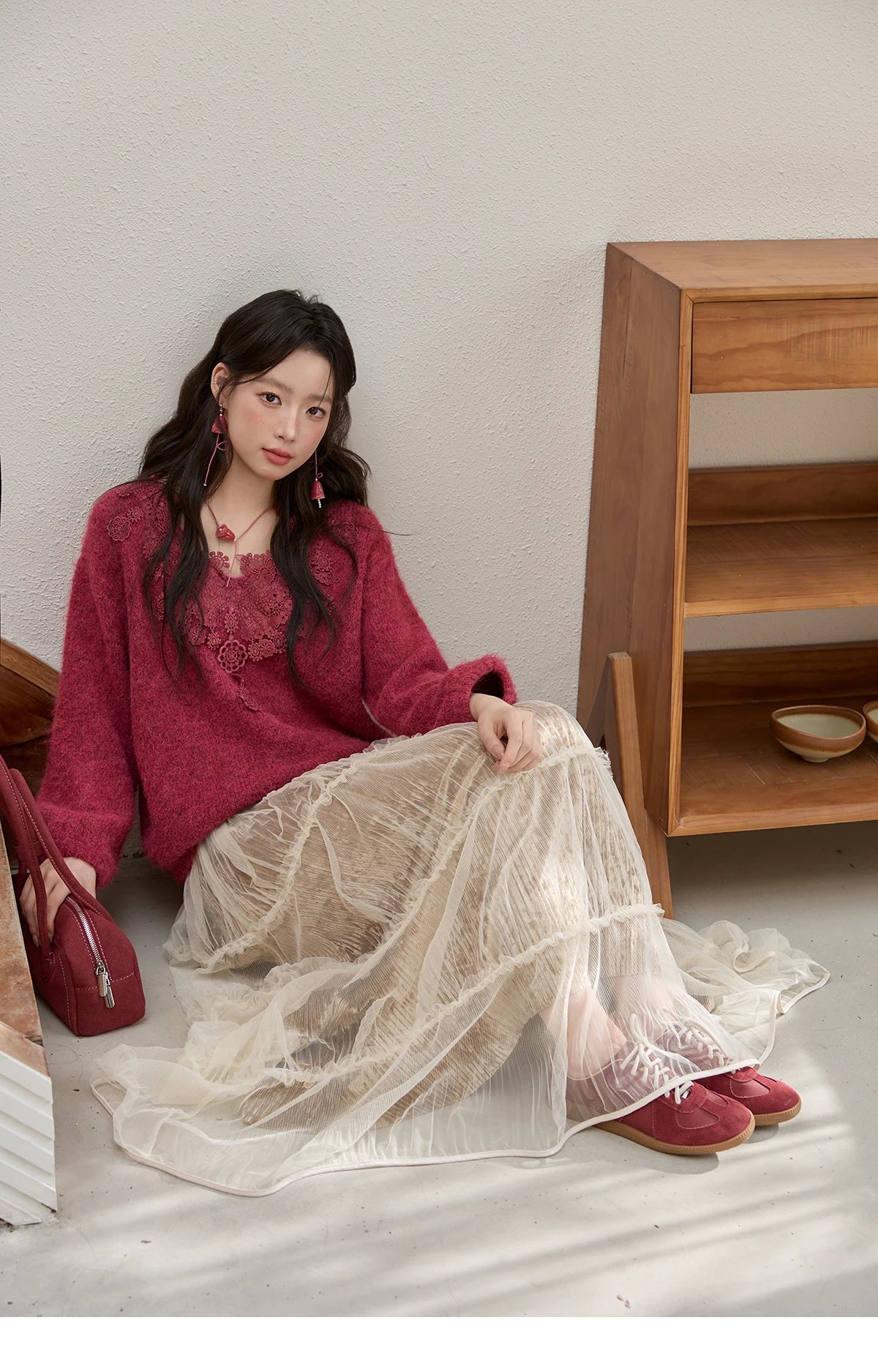 Mishow Pink Lace Wool V-Neck Lantern Sleeve Pullover MXE51Z2632
