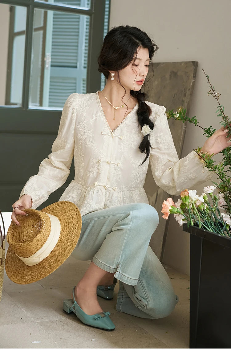 MISHOW Chinese Lace Blouse V-Neck Embroidery MXD14X1433