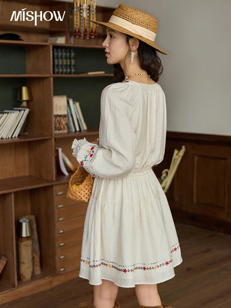 Mishow V-Neck Embroidered Drawstring Bohemian Dress MXE44L2489