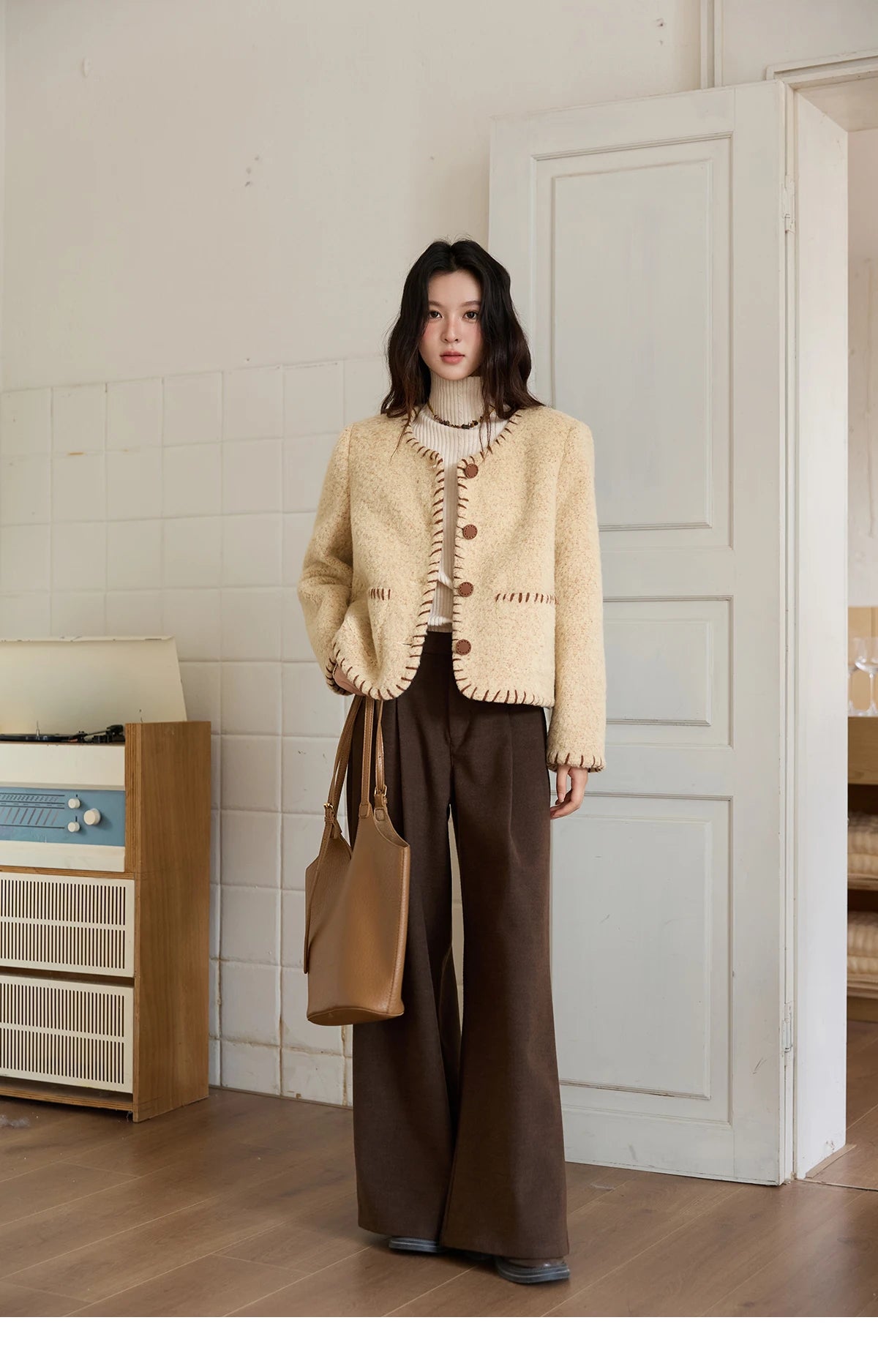 Mishow Apricot Round Neck Wool Blend Coat MXE88W0885