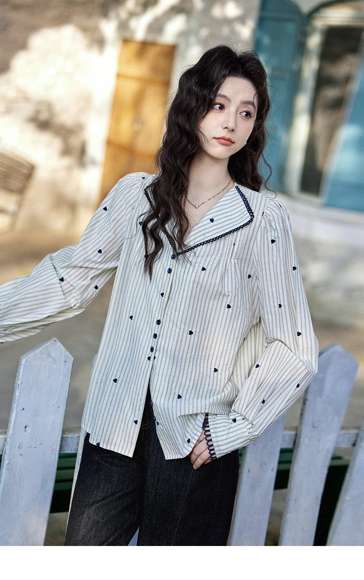 MISHOW Striped Bubble Sleeve Shirt Love Embroidered MXE12C0390