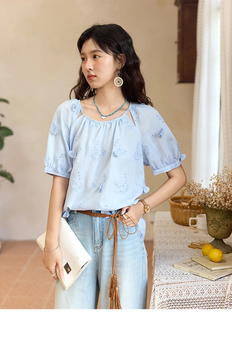 MISHOW Butterfly Embroidery Blouse Hollow Out O-Neck MXE36X1878