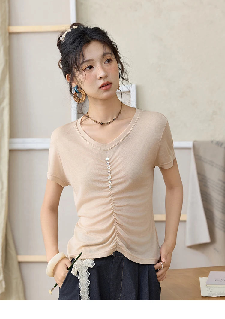 Mishow V-Neck Front Elastic Shell Button Tee MXE34T0560