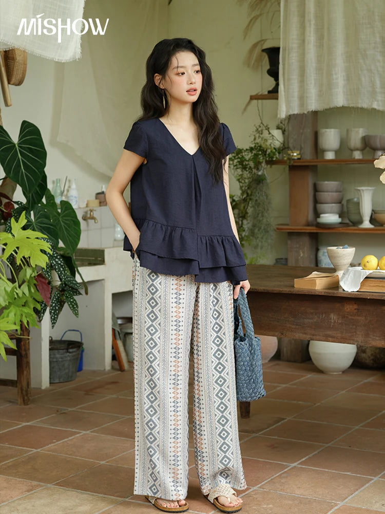 Mishow Lotus Leaf Edge V-Neck Blouse & Geometric Wide Leg Pants Set MXE39T0670