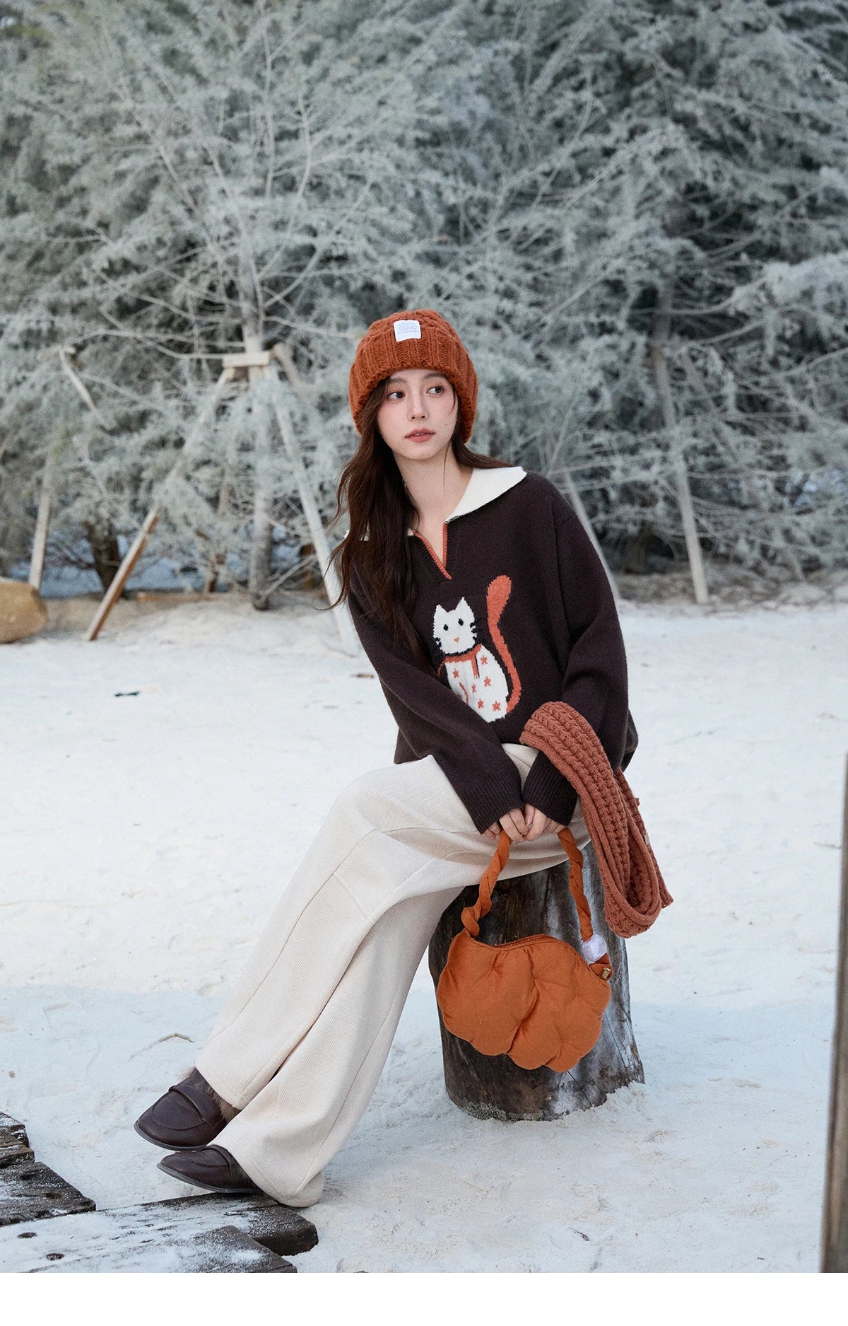Mishow Retro Arctic Fleece Color Block Cat Sweater MXE90Z2835