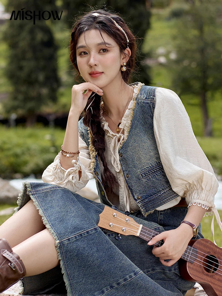 Mishow Retro Blue Denim Tassel Hem Vest MXD41W0387
