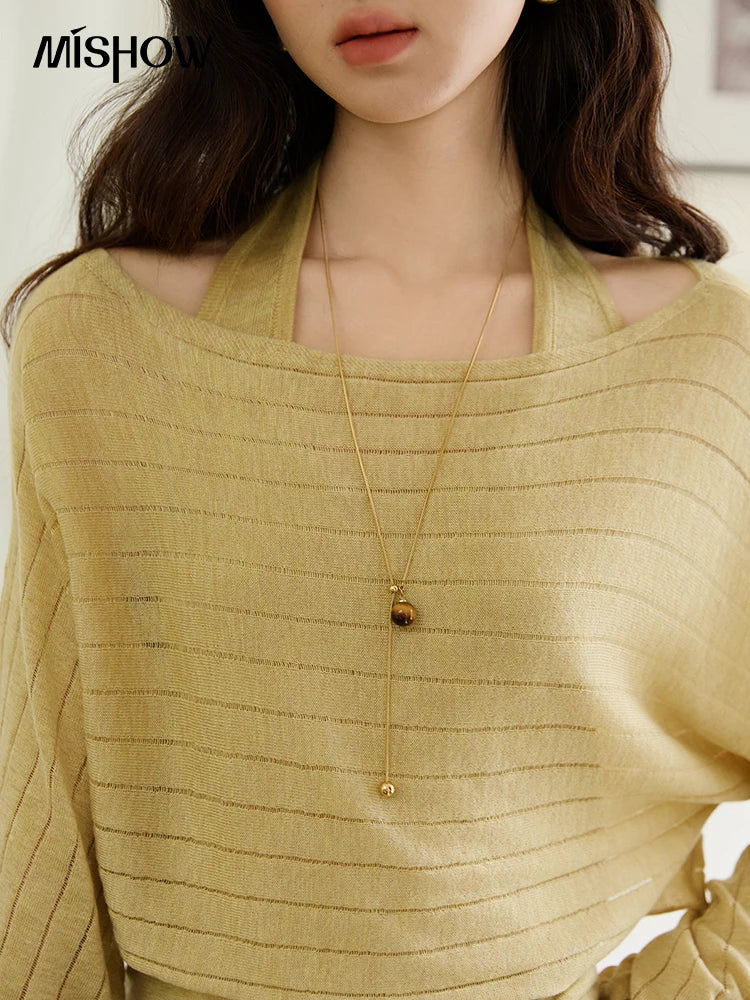 Mishow Striped Hanging Neck Top & Wool Blend Set MXE46T1399