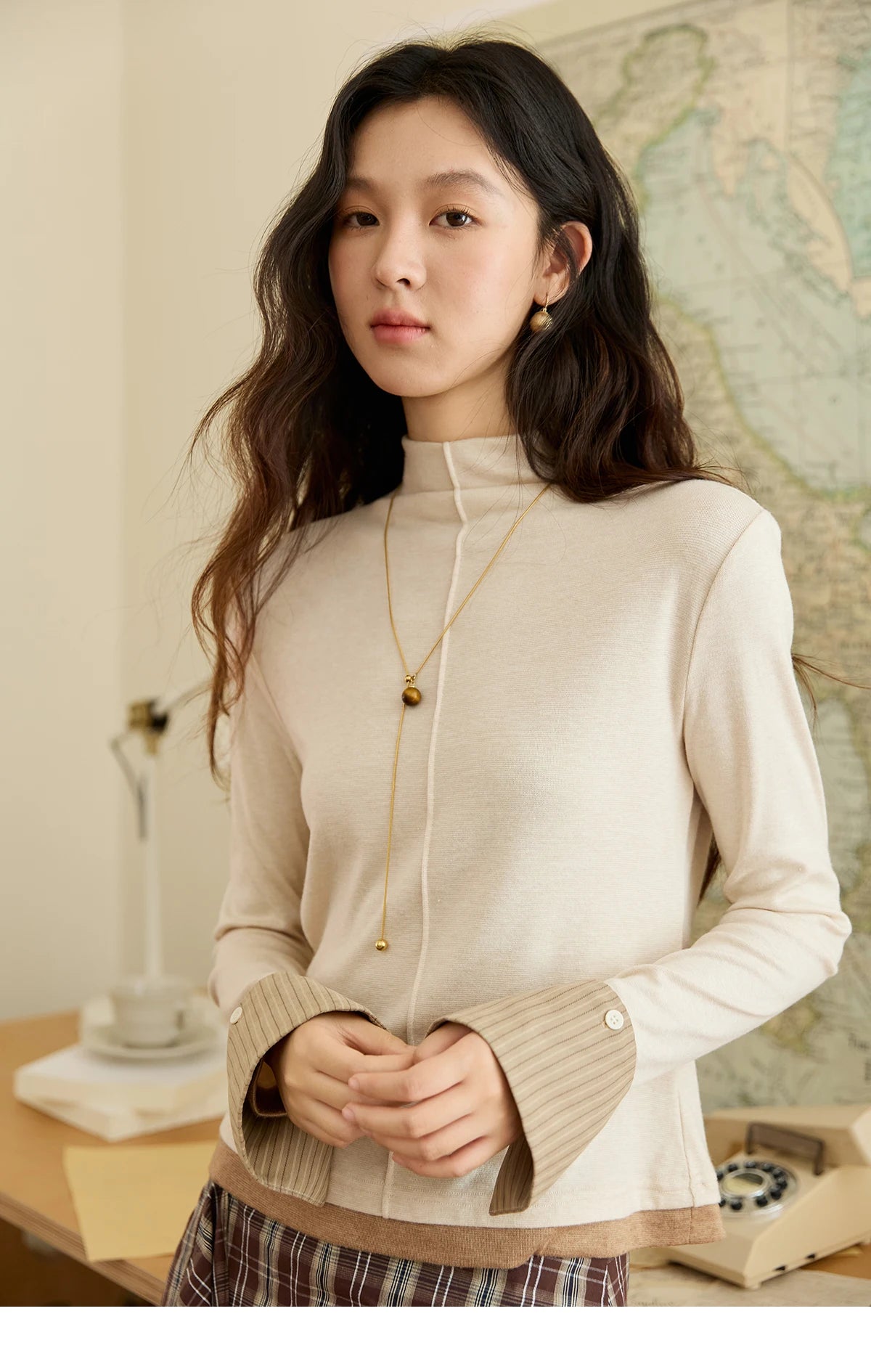 Mishow Apricot Stand Collar Slim Top with Detachable Cuffs MXE49Z2532