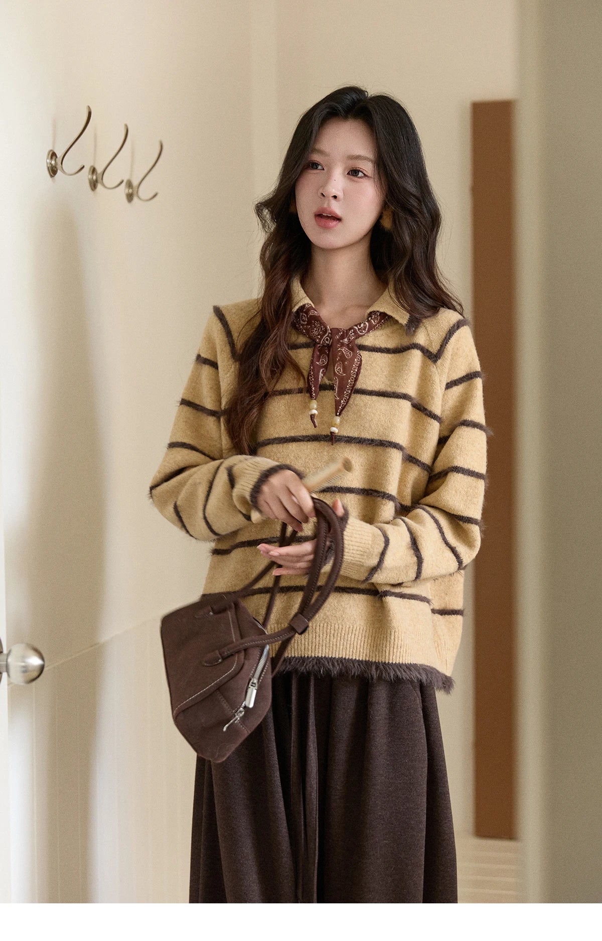 Mishow Faux Mink Fur Striped Lapel Tassel Sweater MXE93Z2945
