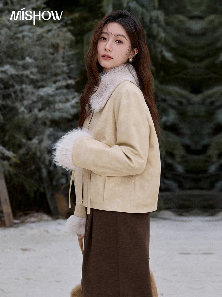 Mishow Apricot Suede Plush Collar Jacket MXE91W0987