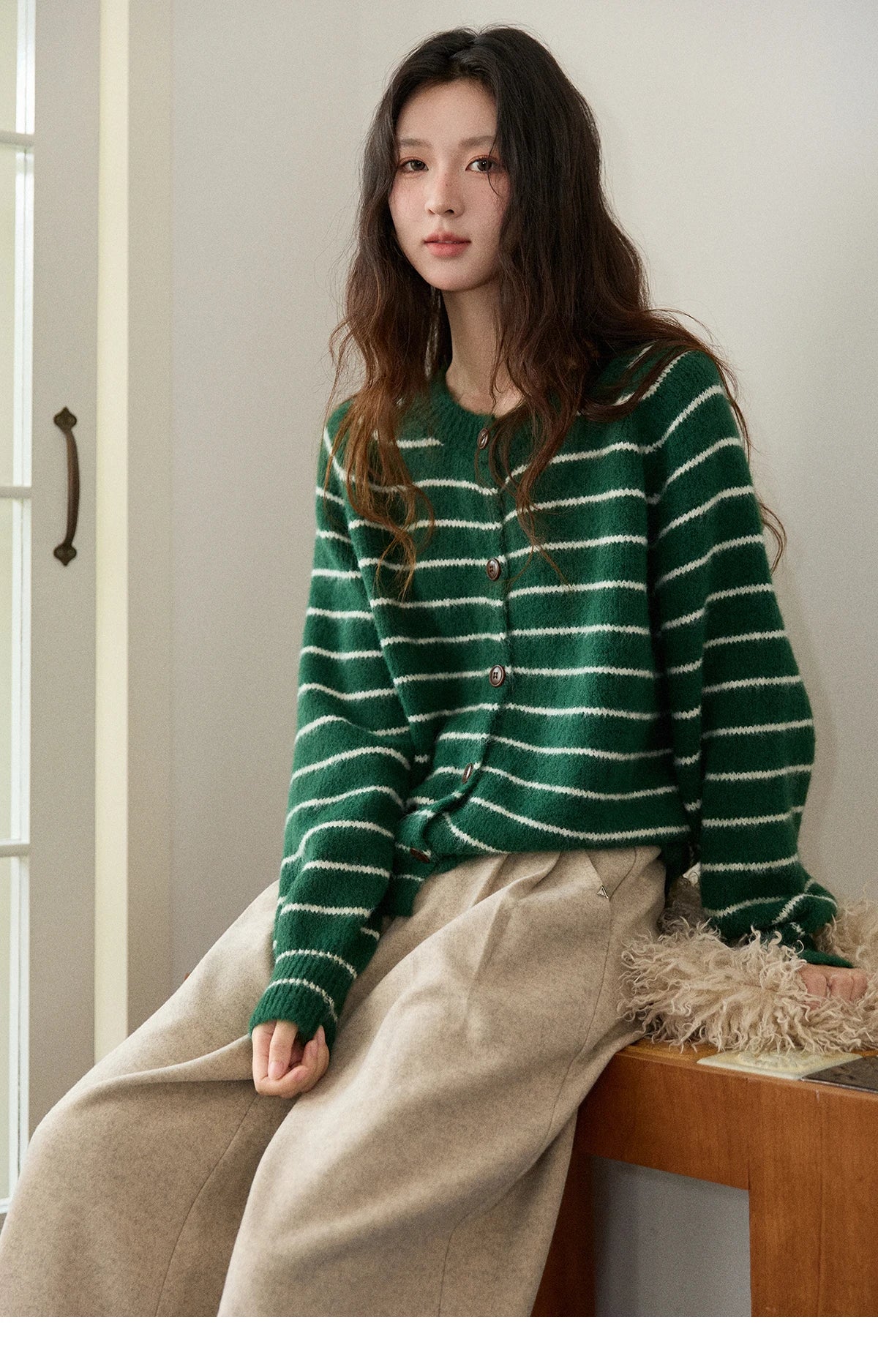 Mishow Green Striped Wool Blend Retro Cardigan MXE86Z2735