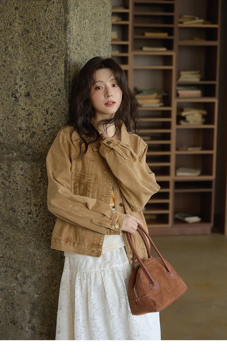 MISHOW Light Brown Denim Jacket Embroidered Pockets Dropped Sleeve MXE41W0795