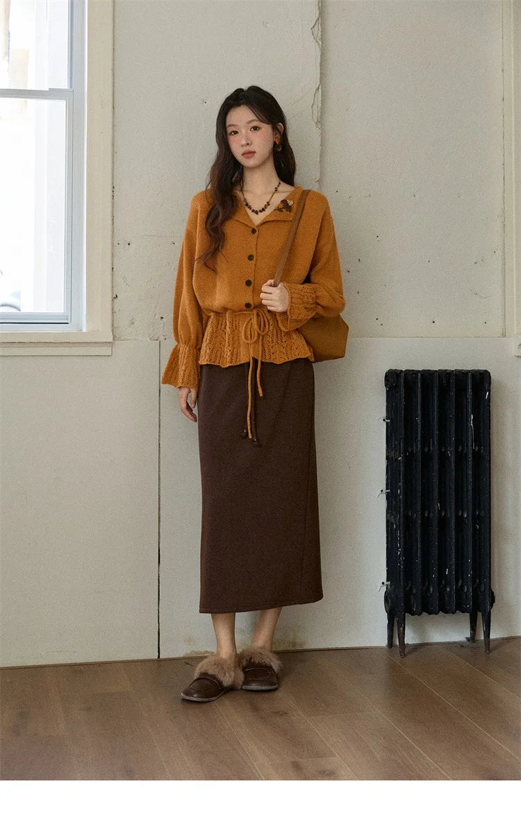 Mishow Orange Openwork Crochet Flared Sleeve Cardigan MXE87Z2685