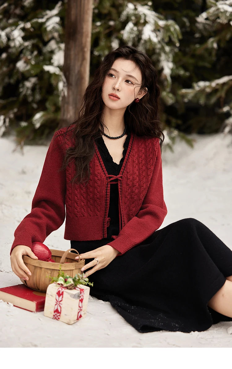 Mishow Red Knitted Cardigan & V-Neck Midi Dress Set MXD58L2085