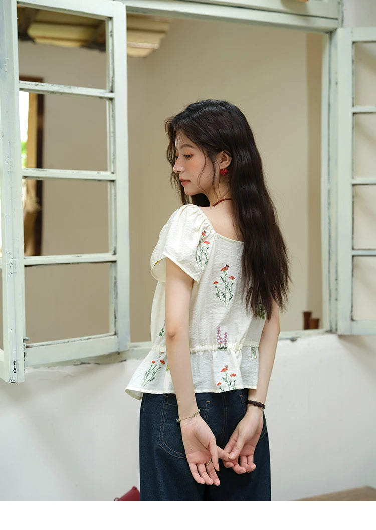 MISHOW Flower Embroidery Square Neck Lace Blouse MXE37X1895